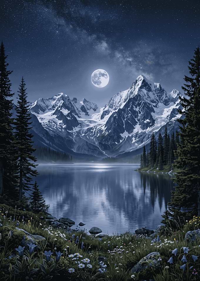 Moonlit Mountain Lake Landscape