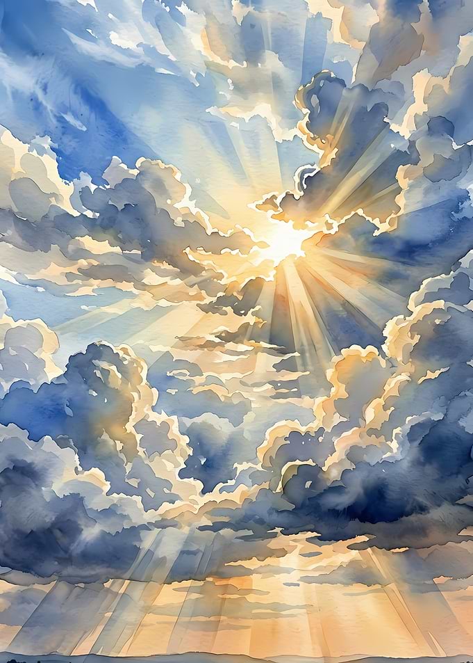 Watercolor Sunbeams Through Stormy Clouds