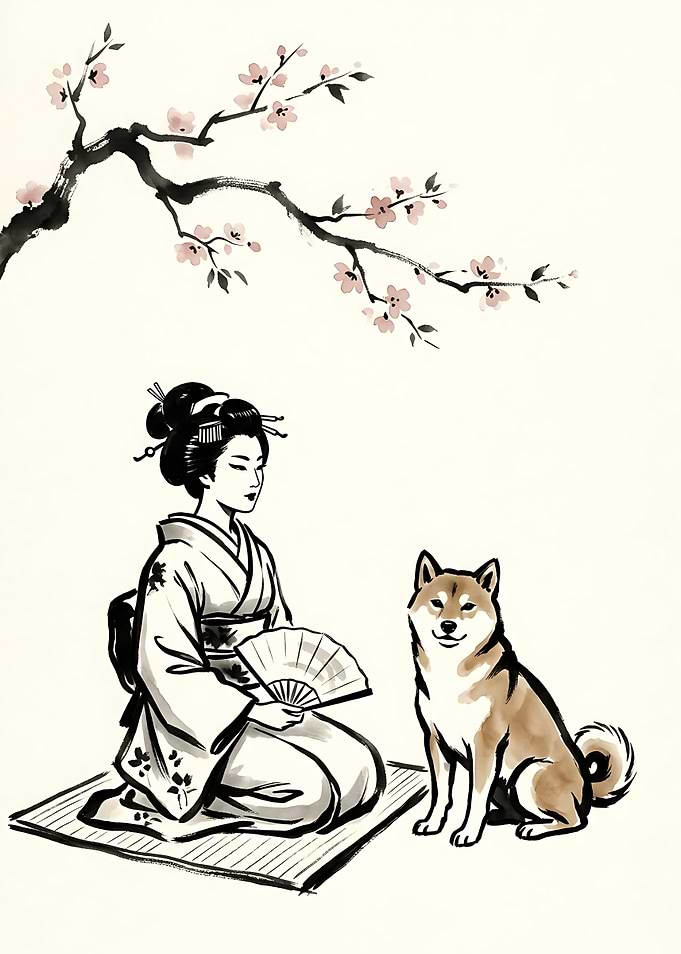 Geisha and Shiba Inu Ink Illustration