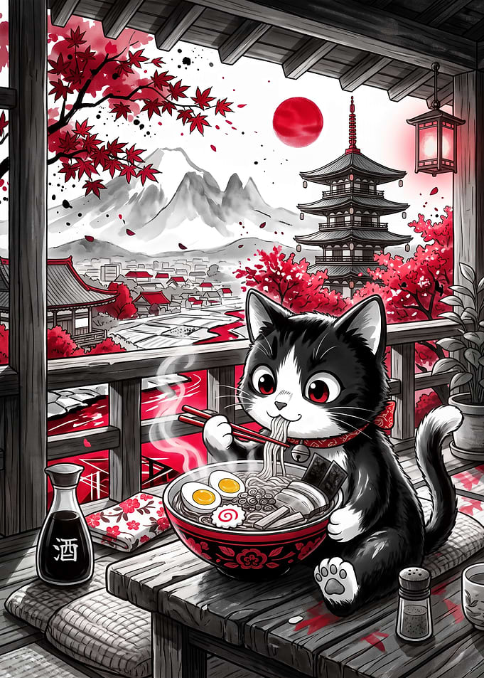 Cute Cat Eating Ramen in Japan