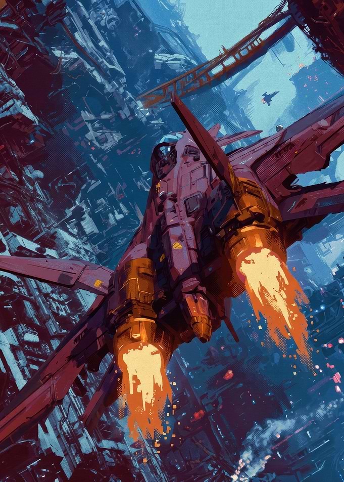 Futuristic Fighter Jet in Urban Ruins