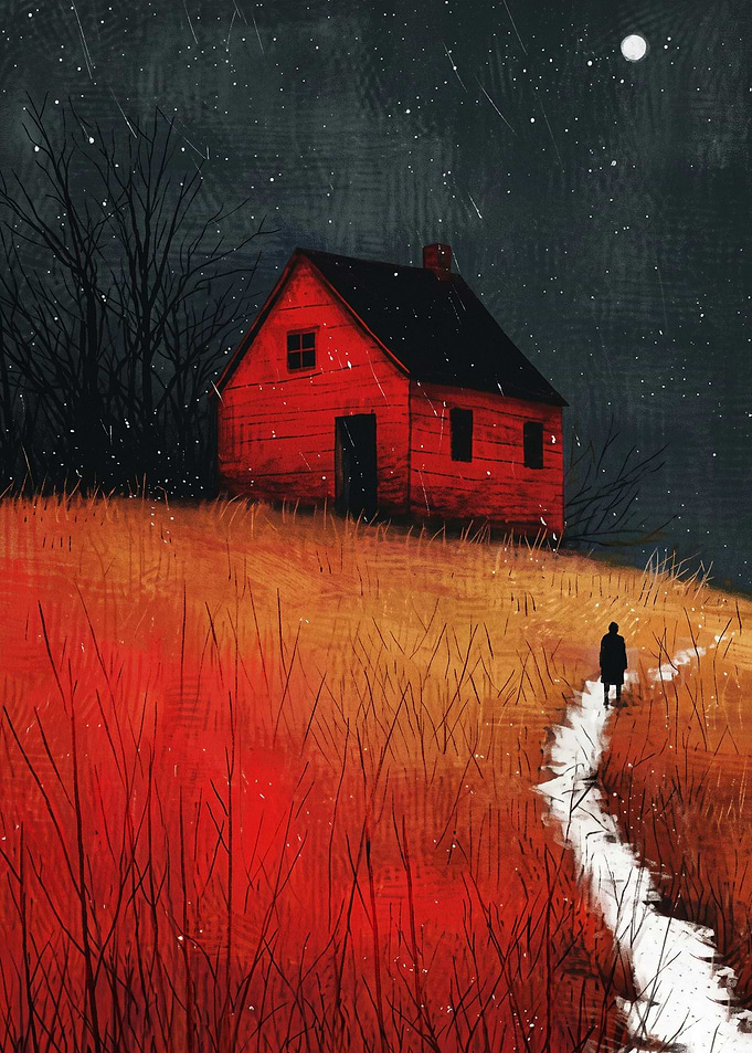Red House Night Landscape Art