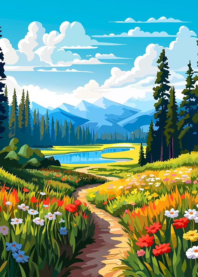 Vibrant Mountain Meadow Landscape Illustration