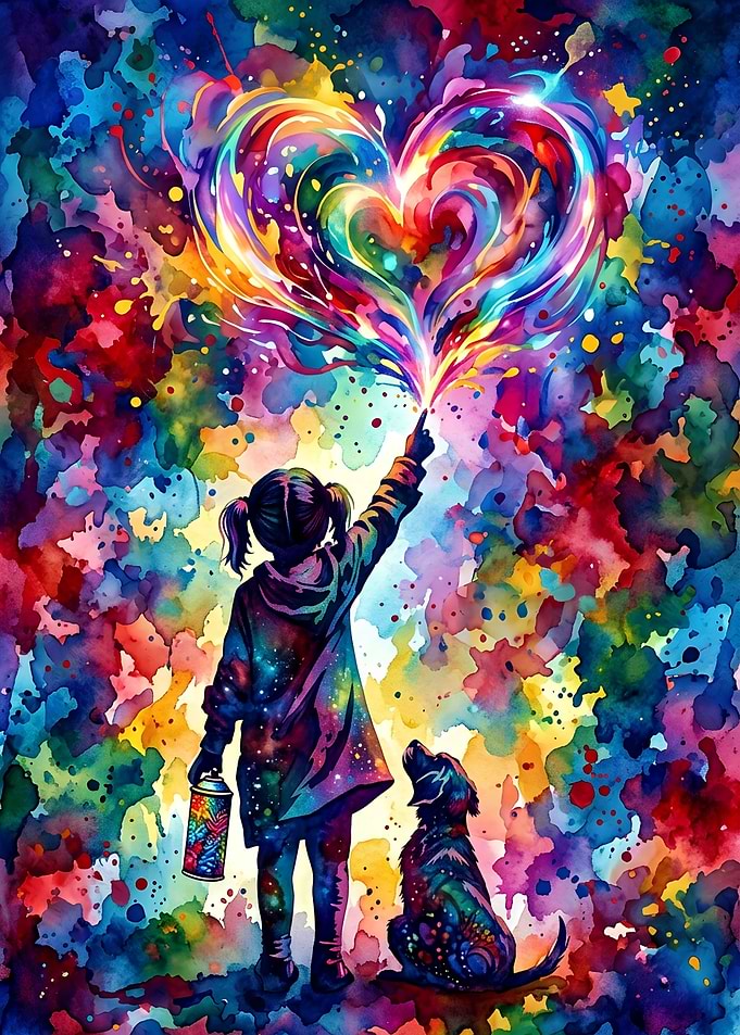 Girl and Dog Painting Rainbow Heart