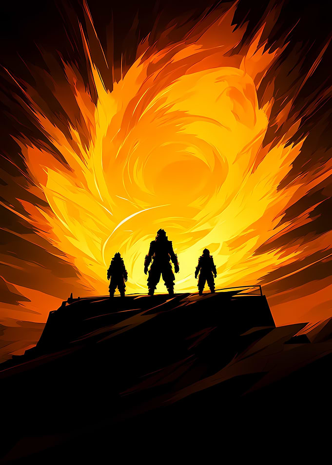 Three Warriors Before a Fiery Explosion