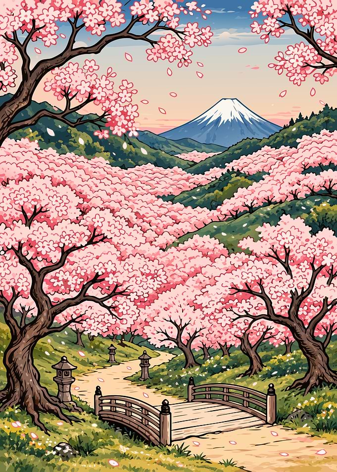 Mount Fuji and Cherry Blossom Path