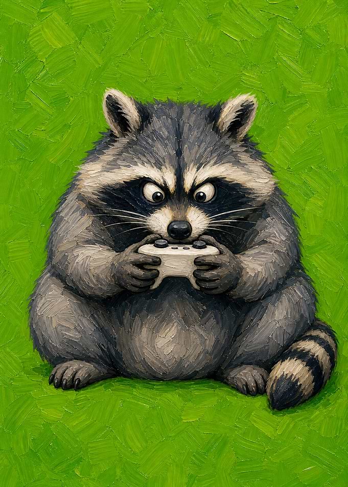 Cute Raccoon Playing Video Games