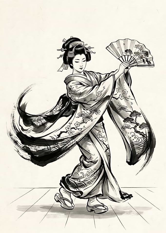 Ink Wash Painting of Dancing Geisha