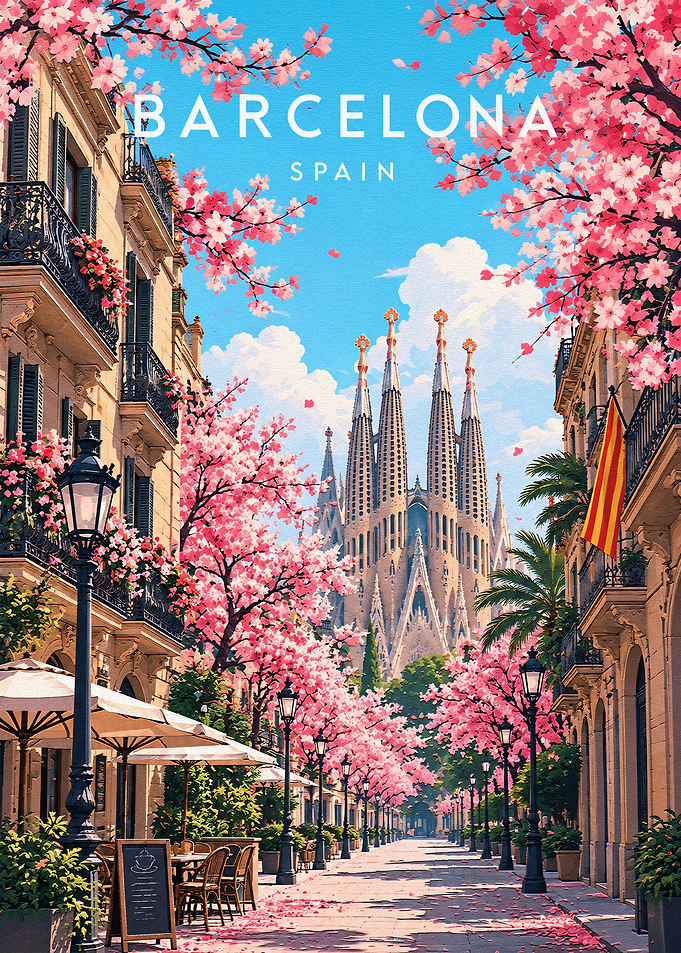 Barcelona Spain Cherry Blossom Travel Poster
