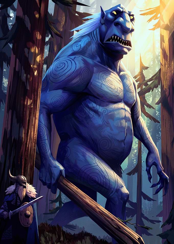 Viking Warrior Facing Giant Blue Troll
