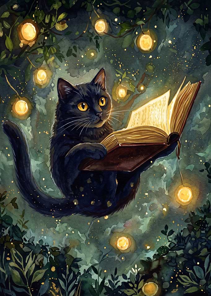Black Cat Reading Book Fairy Art
