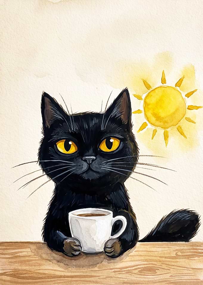 Black Cat Coffee Morning Watercolor