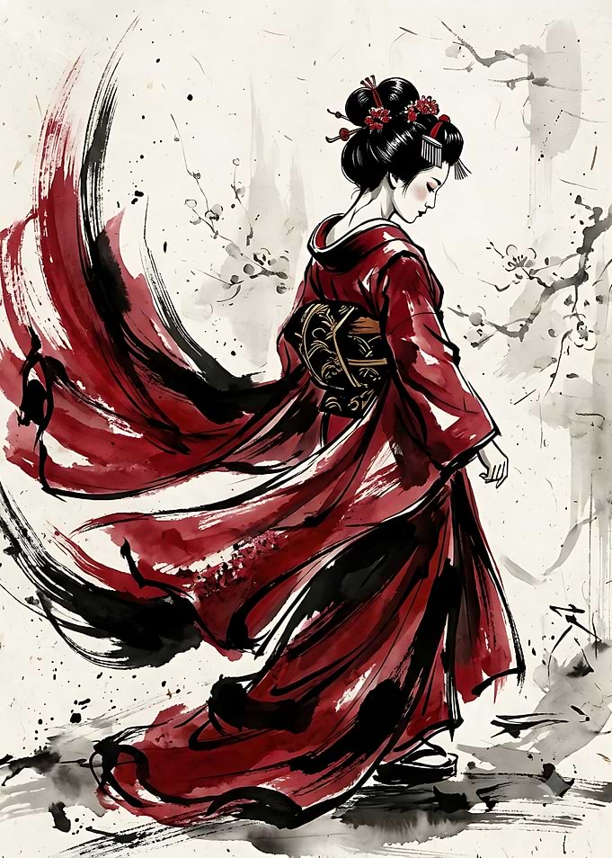 Elegant Geisha in Red Kimono