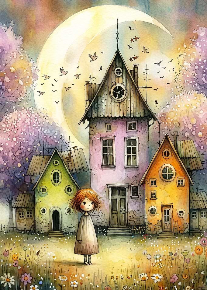 Whimsical Village Moon Watercolor