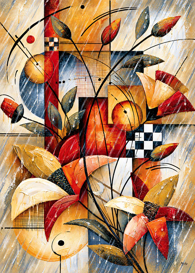 When the Rain Finds the Flowers – Abstract Floral Geometric Painting