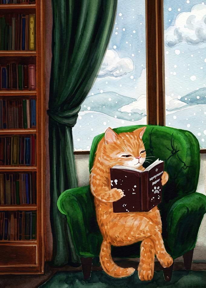 Cat Reading Book Cozy Watercolor Ar