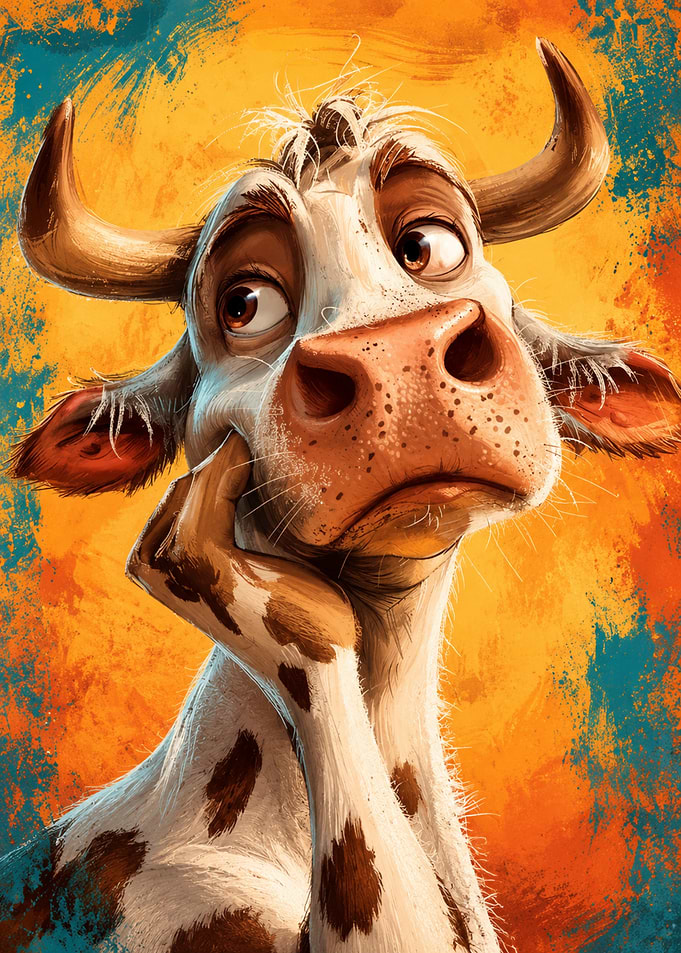 Thoughtful Cartoon Cow Portrait