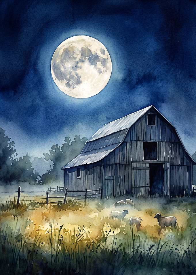 Barn Moon Night Watercolor Poster