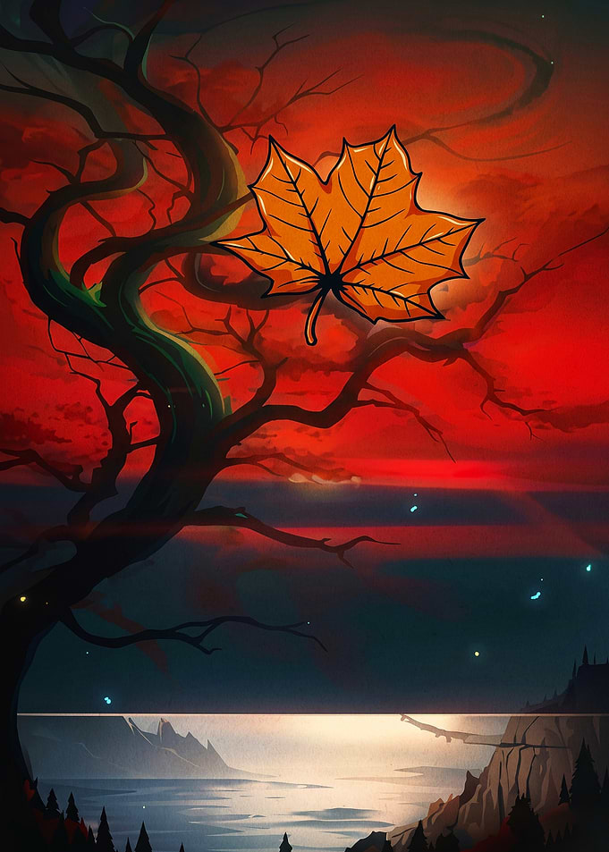 Autumn Leaf Tree Red Sky Art Poster
