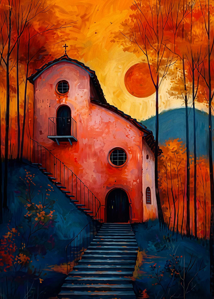 Autumn Church Sunset Painterly Post