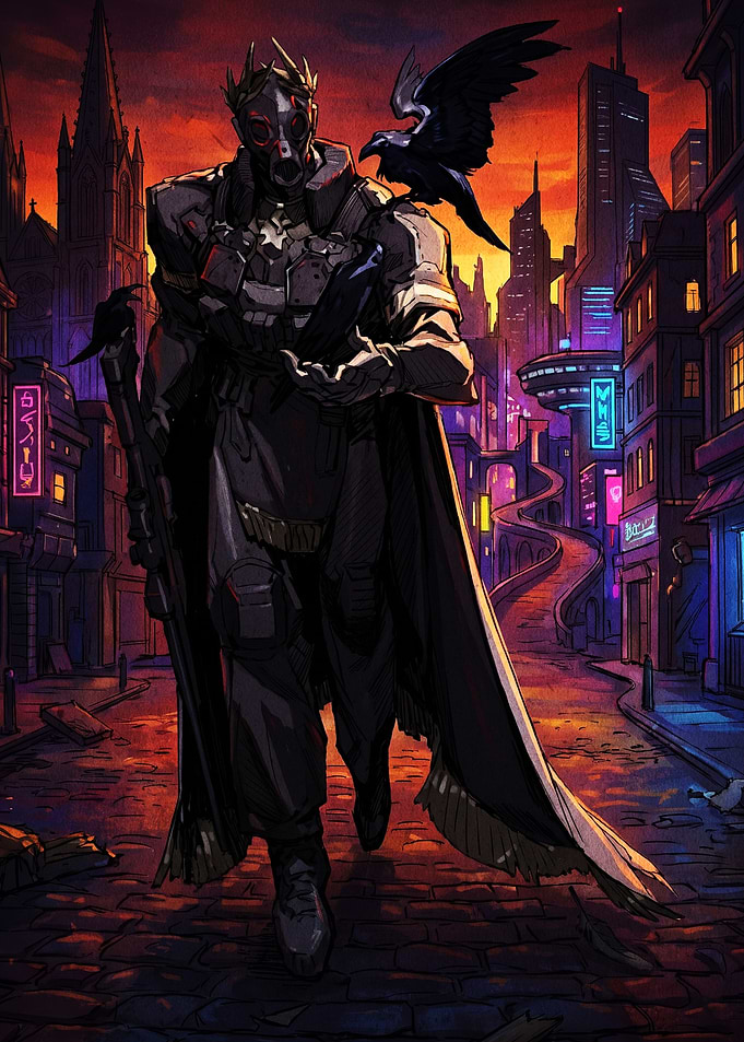 Cyberpunk Crow Knight in Neon City