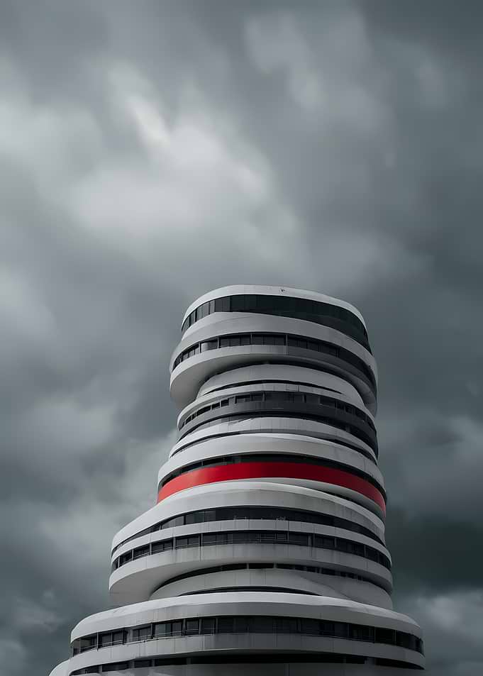 Modern Architectural Tower Under Stormy Sky