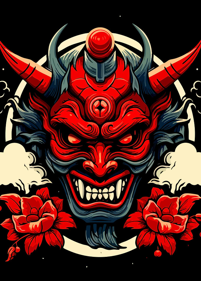 Vibrant Red Japanese Oni Mask Illustration
