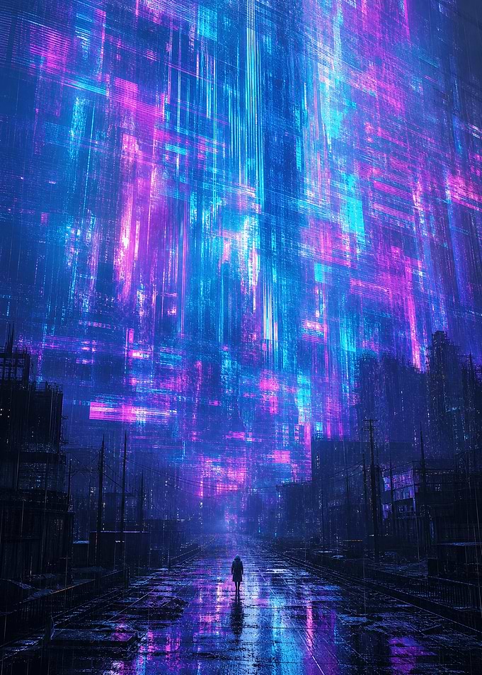 Lone Figure in Cyberpunk Cityscape