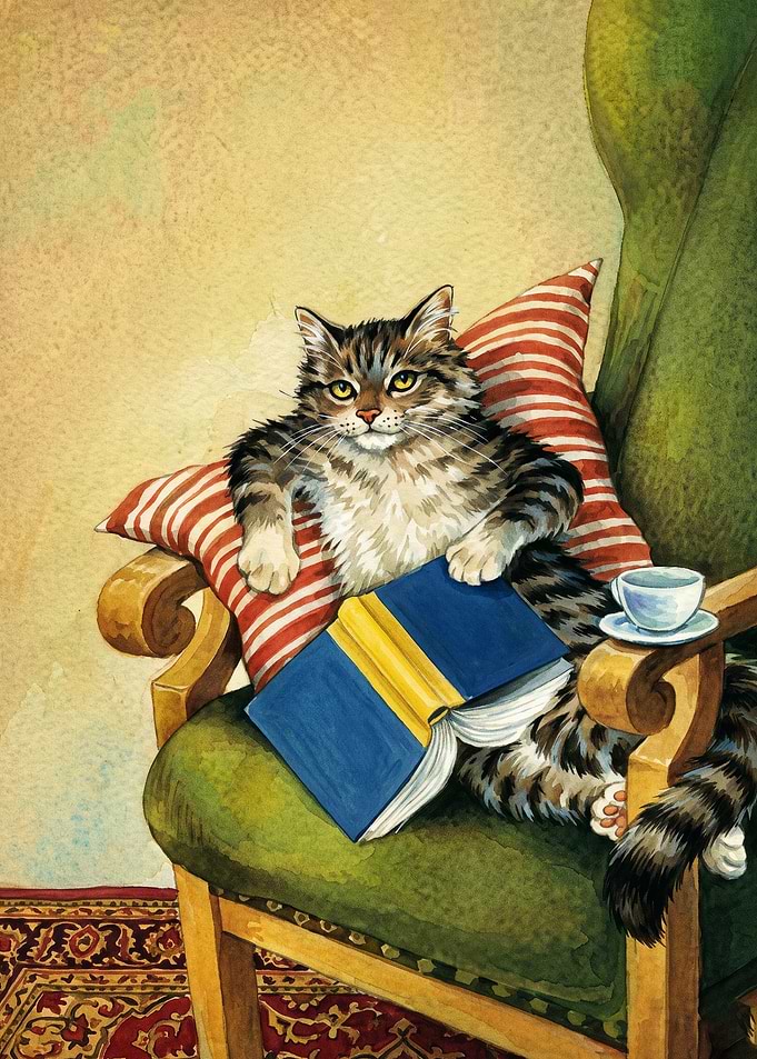 Cat Reading Book Cozy Watercolor Ar