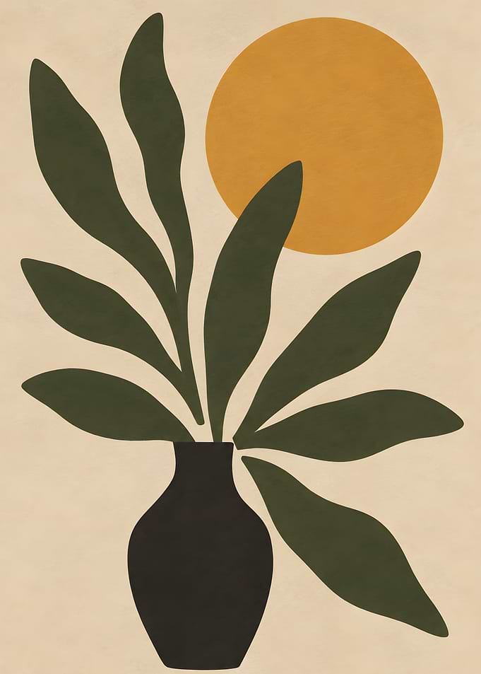 Matisse-Inspired Wall Art, Minimalist Botanical Still Life with Sun | Modern Abstract Boho Home Decor