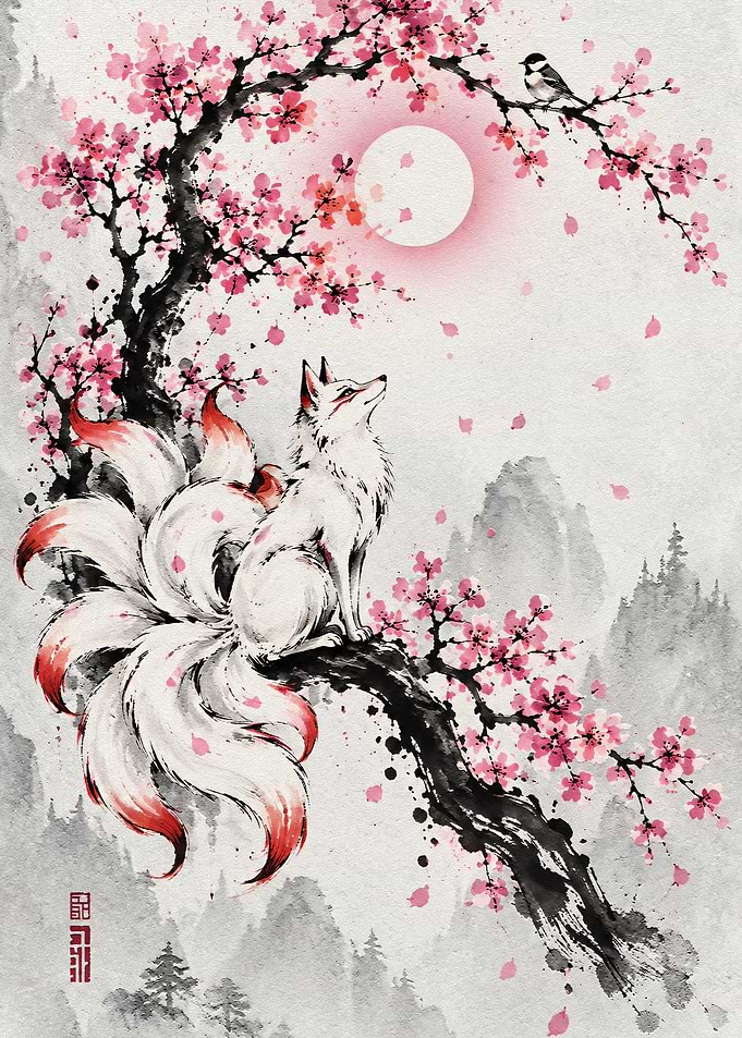 Nine-Tailed Fox Under Cherry Blossoms