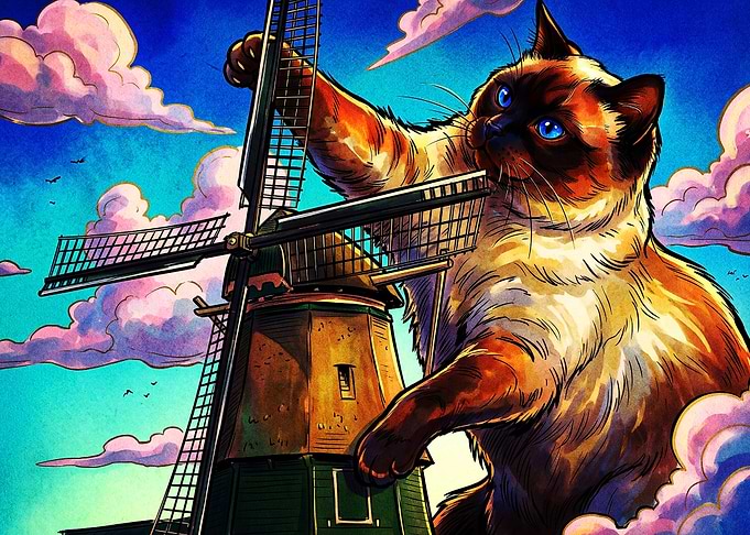 Giant Cat Windmill Surreal Art