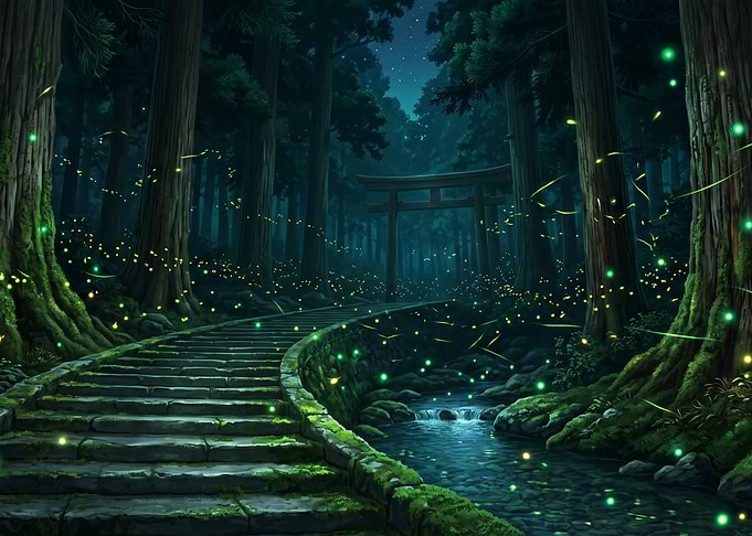 Enchanted Forest Path with Fireflies