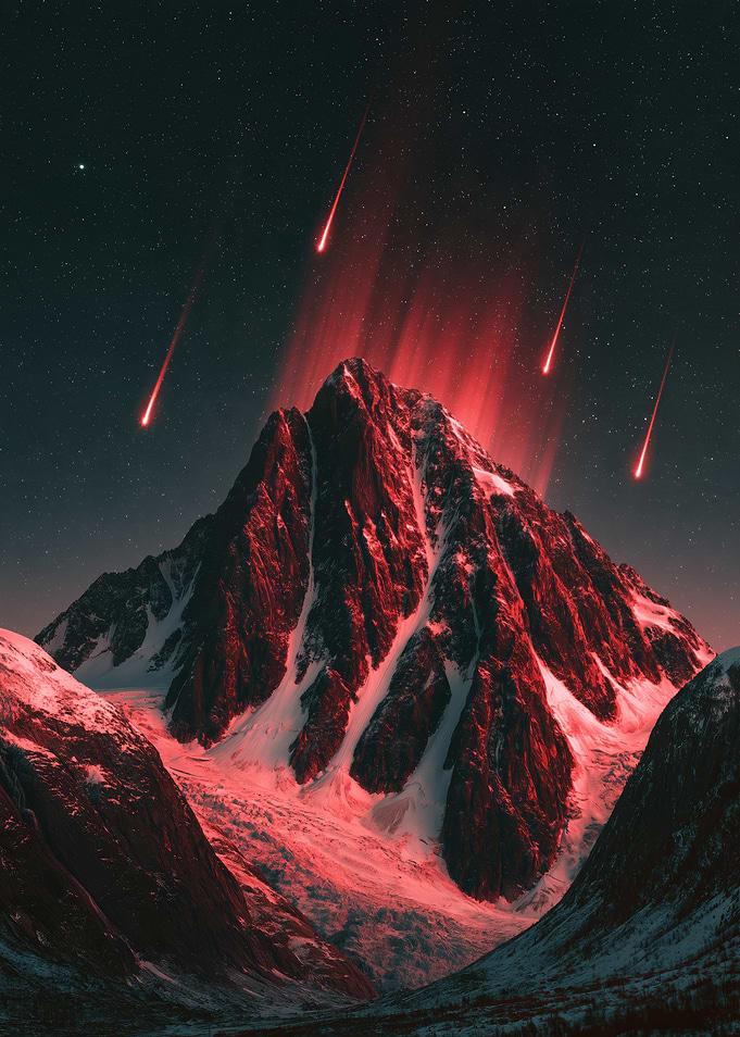 Red Meteor Shower Over Snowy Mountain