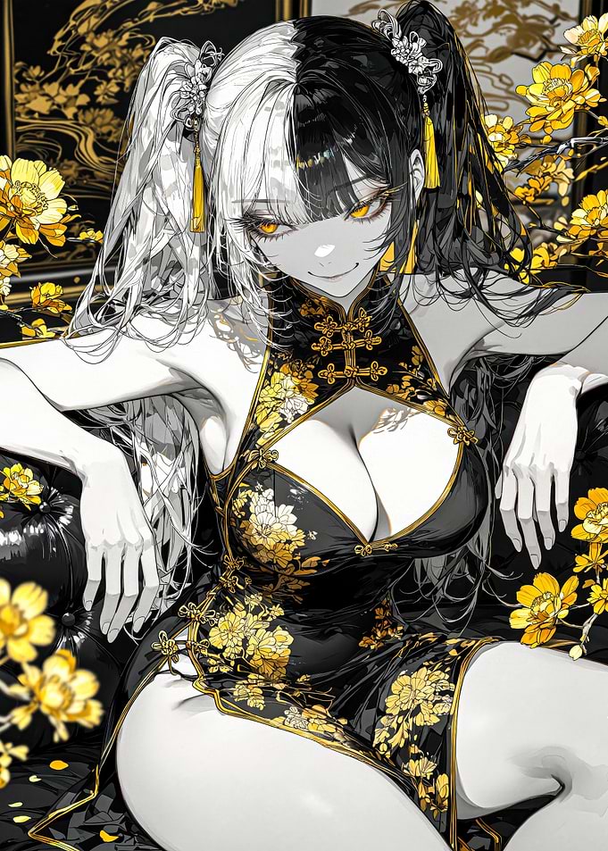 Anime Girl in Black Gold Cheongsam