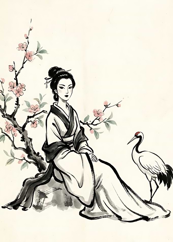 Traditional Ink Wash Painting of Woman