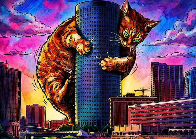 Giant Cat Cityscape Neon Art Poster