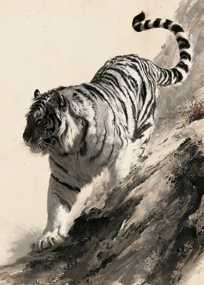 Majestic White Tiger on Rocky Slope