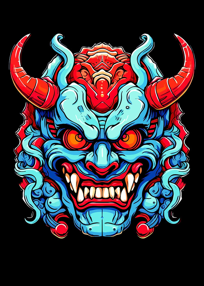Vibrant Japanese Oni Demon Mask Illustration