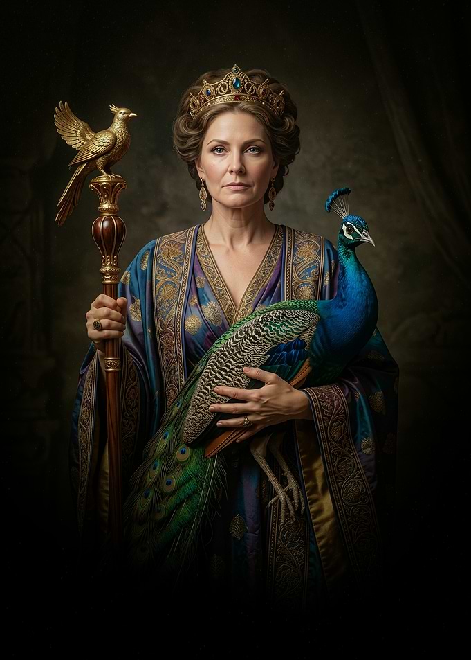 Regal Queen with Peacock and Scepter