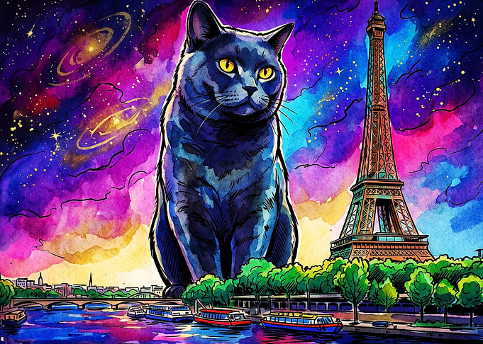 Cat Paris Galaxy Watercolor Art