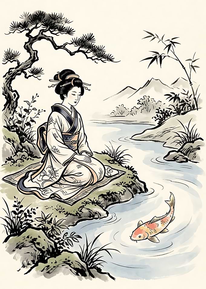 Geisha Watching Koi Fish by Stream