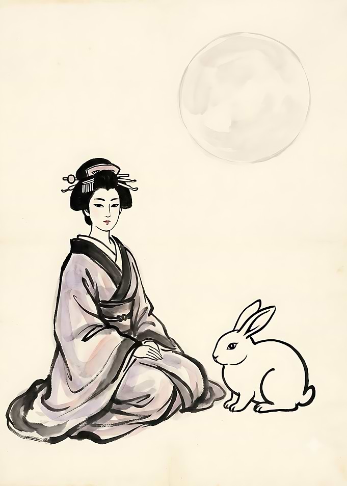 Japanese Woman with Rabbit and Moon