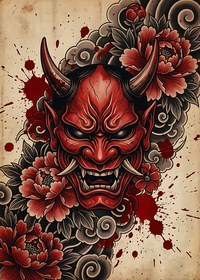 Red Hannya Mask Tattoo Design