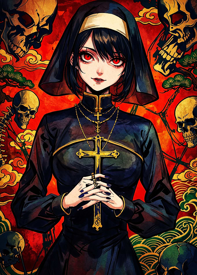 Gothic Anime Nun with Skulls