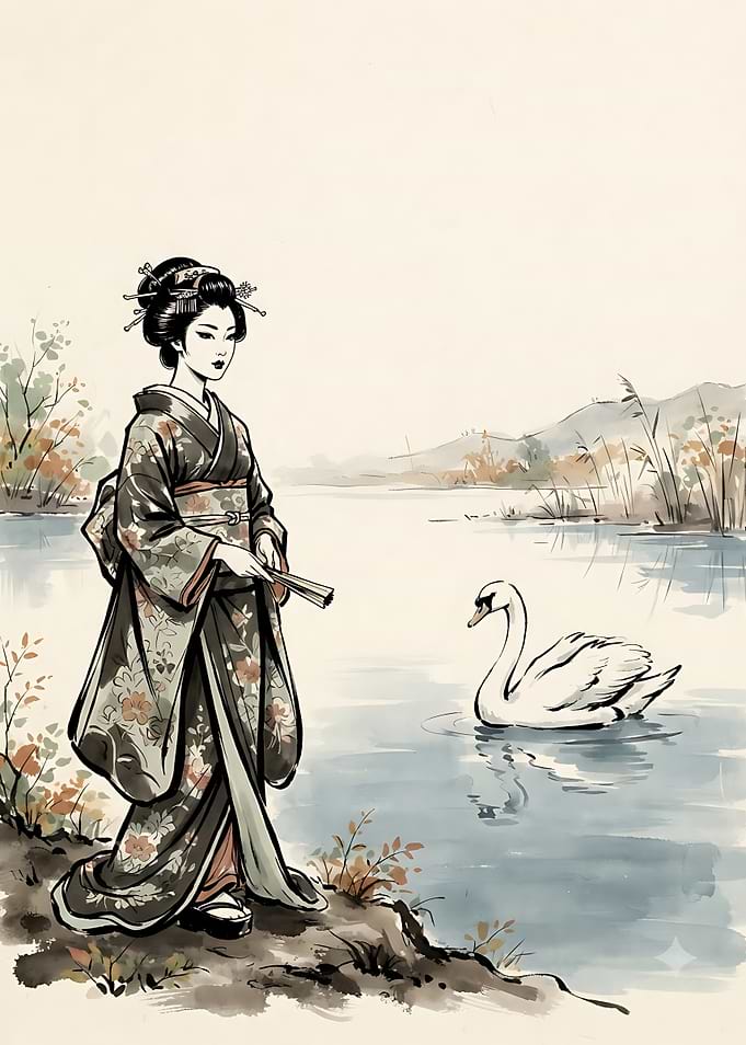 Geisha by a Peaceful Lake