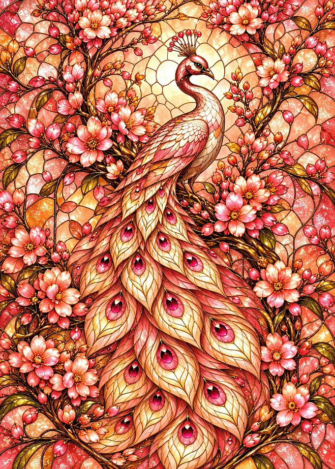 Stained Glass Peacock and Cherry Blossoms