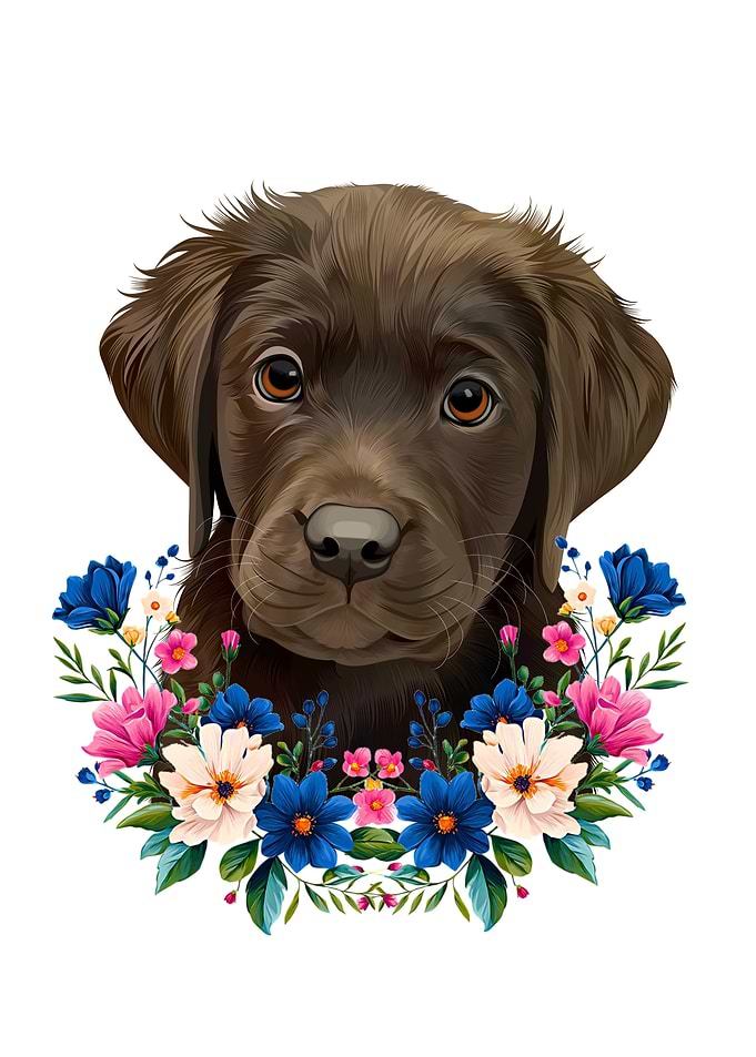 Chocolate Labrador Puppy with Floral Wreath