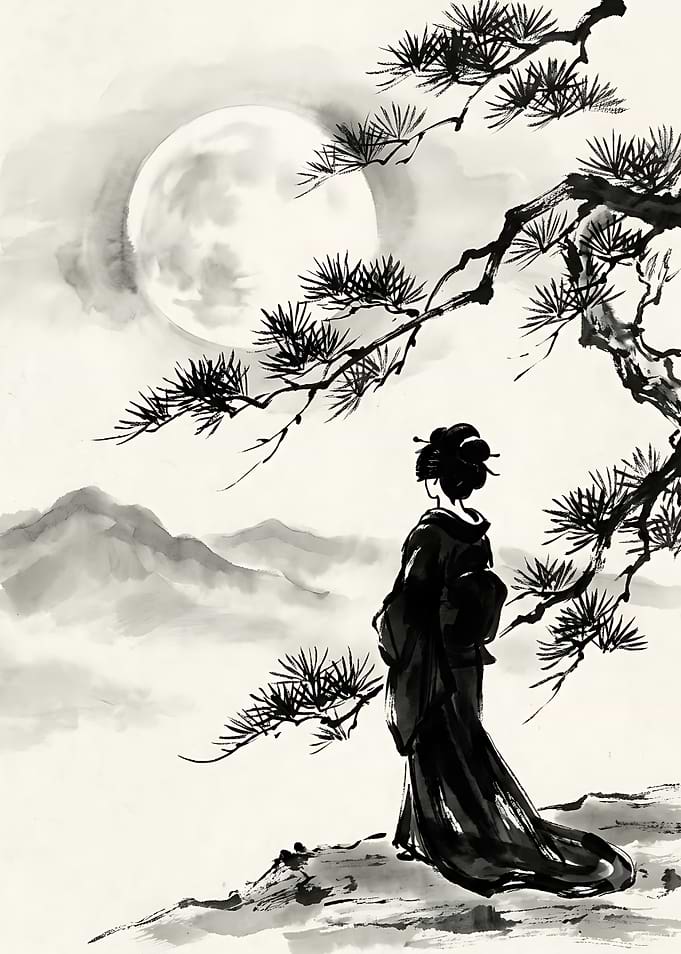 Geisha Under Moonlight and Pine