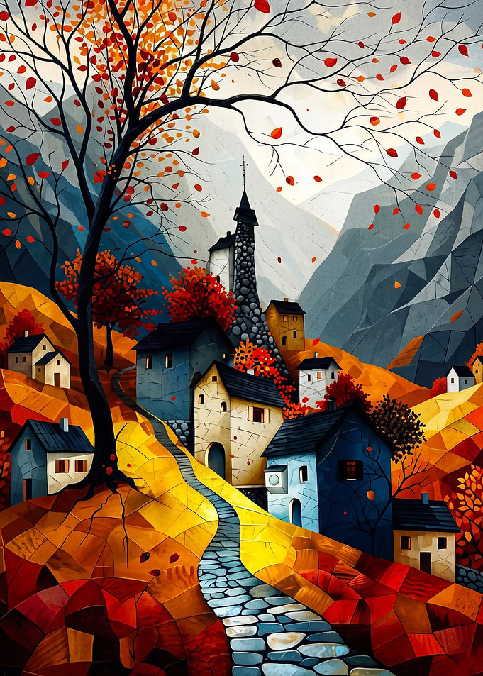 Autumn Village Mountain Cubist Art